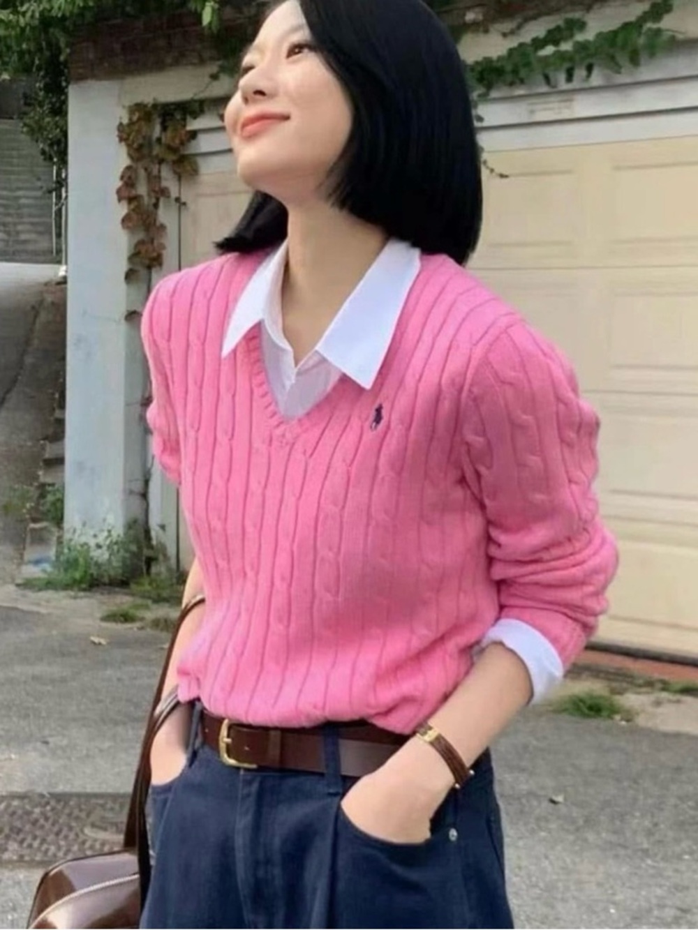 POLO Ralph Lauren Luxury Classic Pink Cable-Knit V-Neck Sweater with Polo Logo